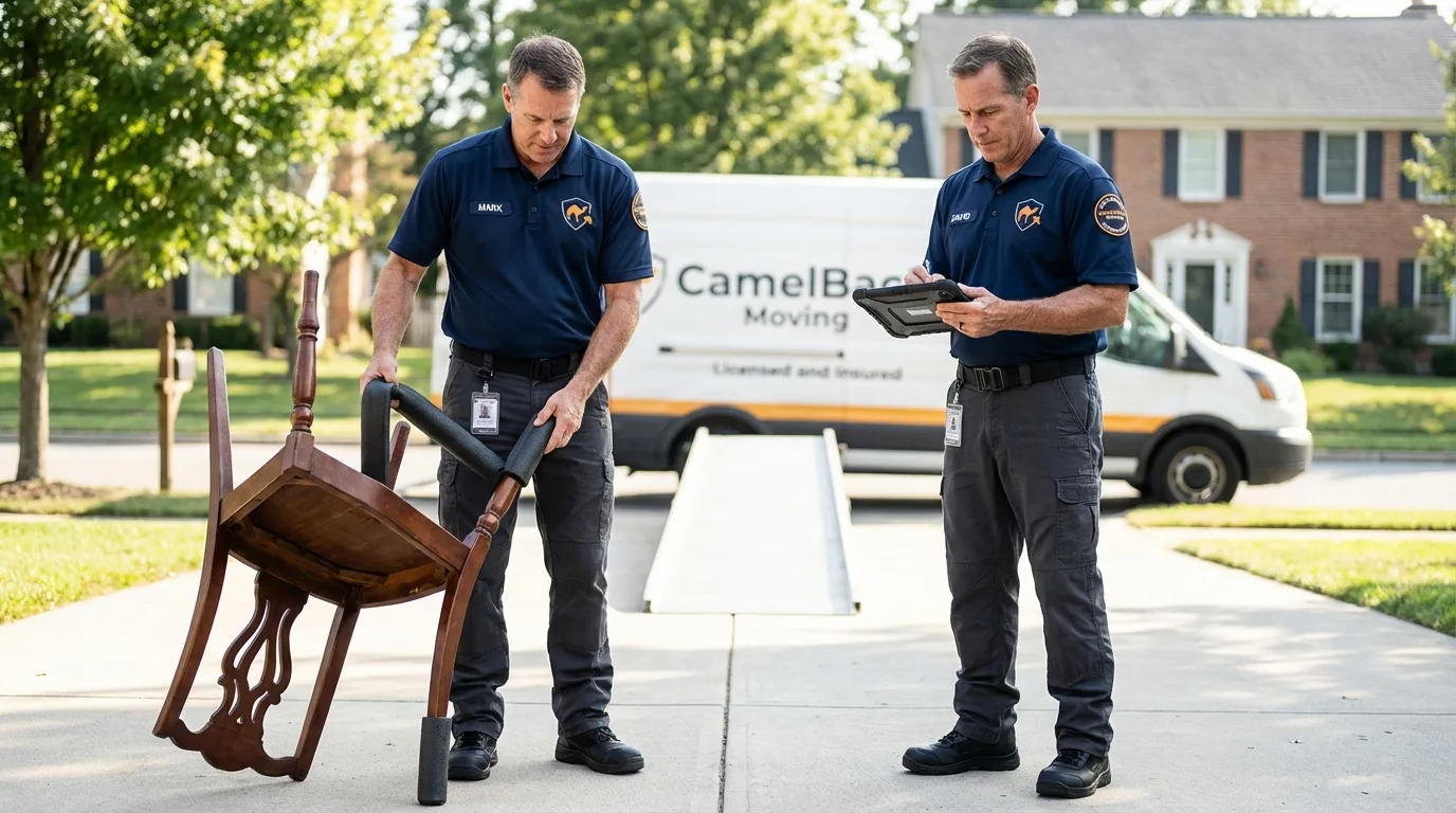 Movers inspecting furniture for damage prevention before loading in Tallmadge, OH