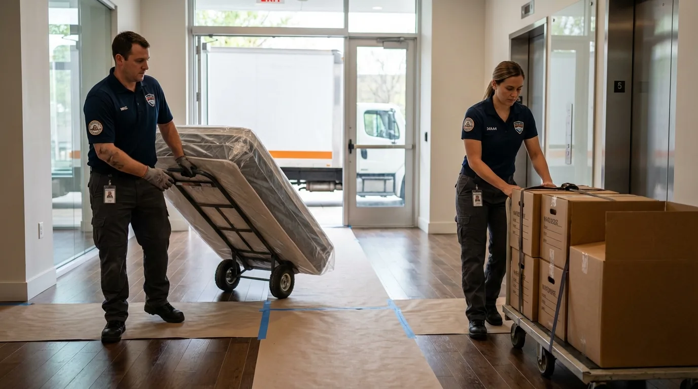 Professional apartment movers loading elevator in Tallmadge, OH