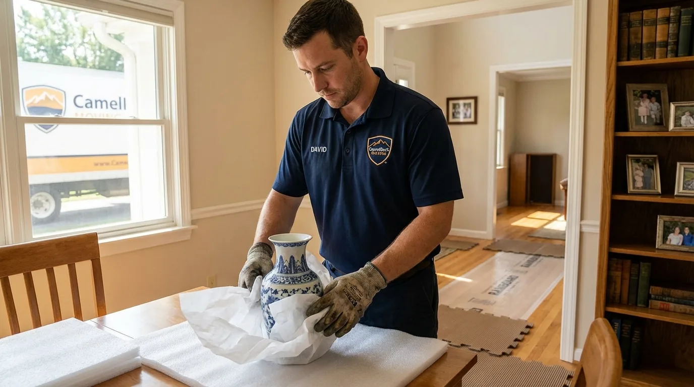 Professional crew carefully wrapping antique vase for senior downsizing move in Tallmadge, OH
